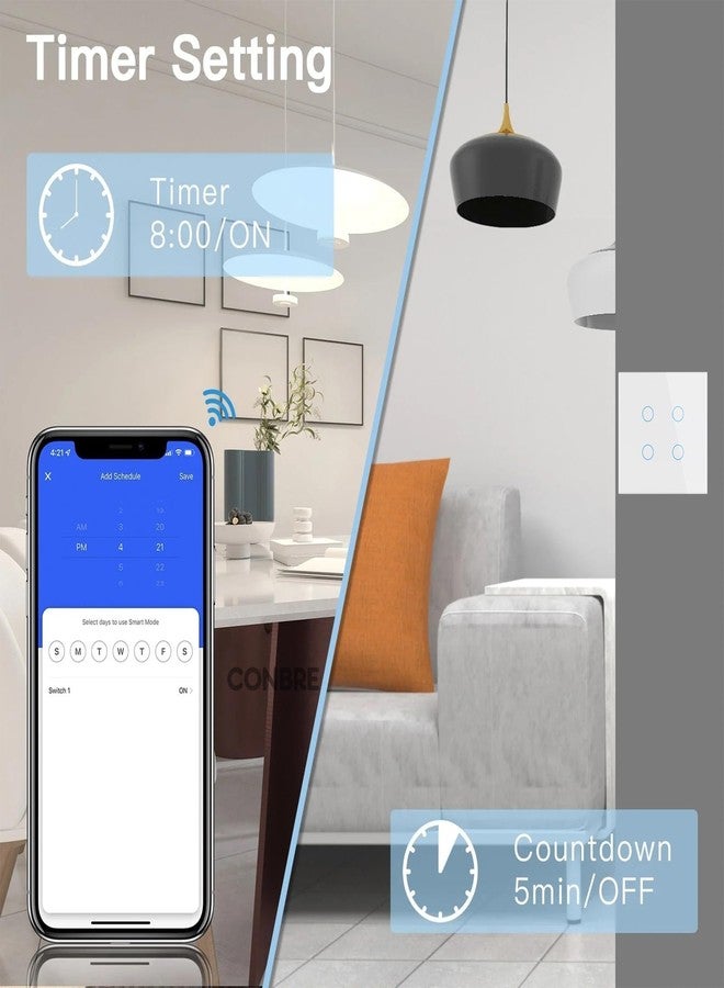 Conbre مفتاح CONBRE SW4 الذكي بتقنية Wi-Fi، رباعي الأزرار، يعمل باللمس، لأتمتة المنزل، ومراقبة استهلاك الطاقة، والتحكم عن بُعد | مناسب للمراوح، والإضاءة، ومقابس 10 أمبير | متوافق مع Alexa، ومساعد جوجل، وSiri (أبيض) - Image 4